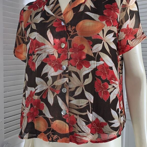 Vintage 90’s Semi Sheer Double Layered Brown Floral Button Down Blouse 14P - Picture 13 of 14